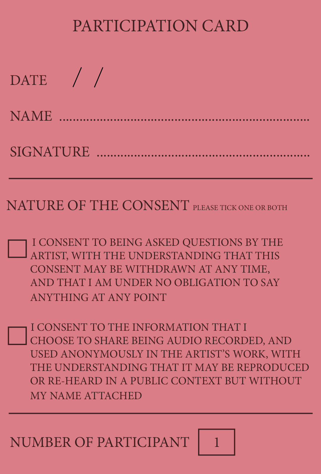 Esther Carlin, participation card, 2019.