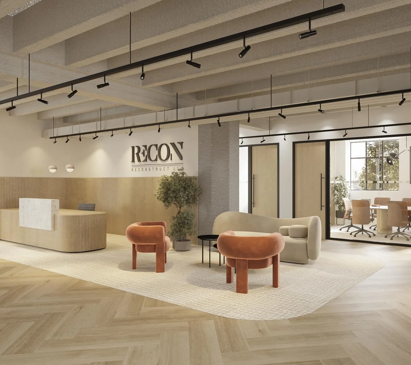 Our finalized reception area design for this client. We went with wood slat wall accents instead of the limewash paint finish, and a herringbone pattern to bring some extra character to the flooring. Overall, one of our favourite designs we&rsquo;ve 