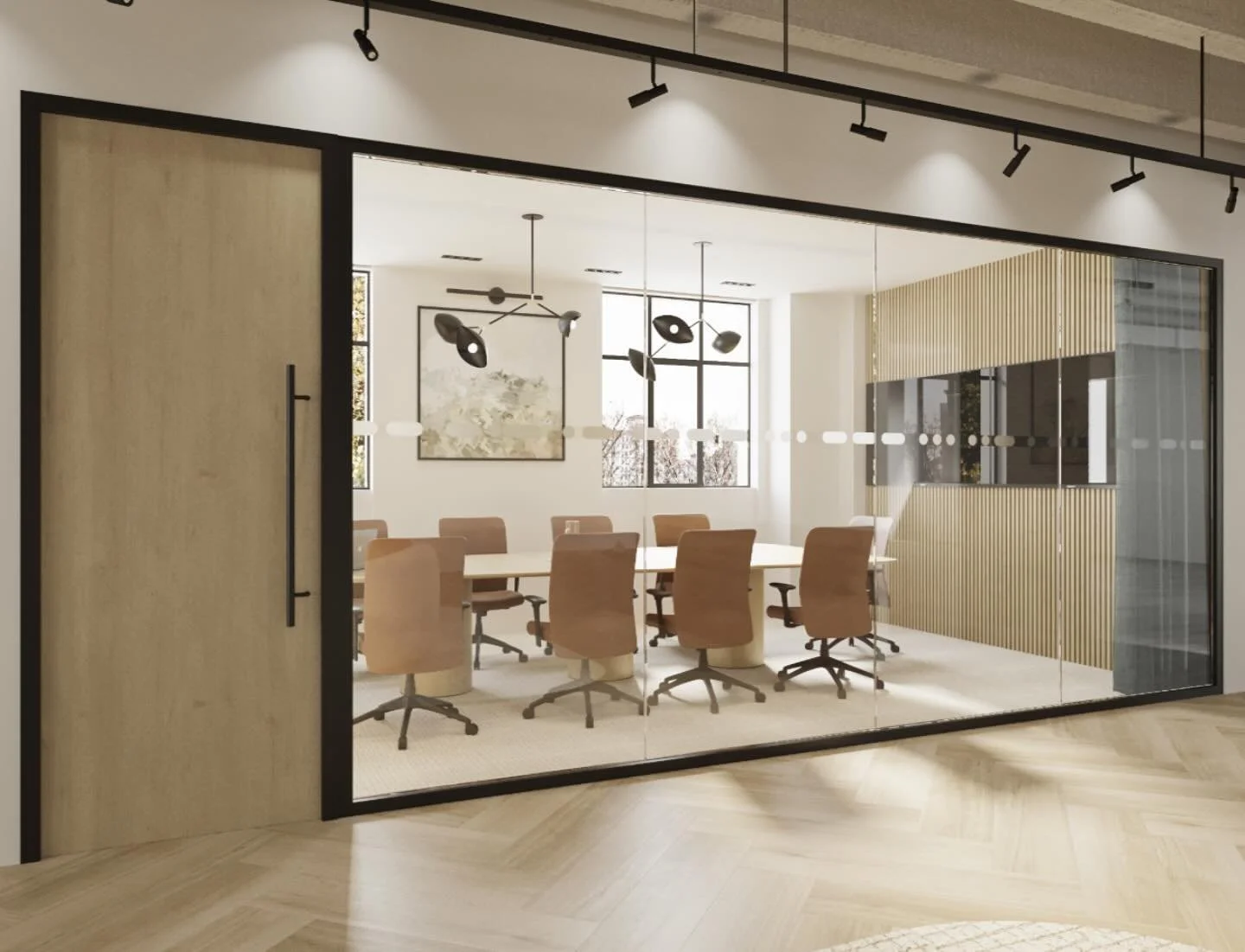 A closeup rendering of our boardroom design, with a wood slat feature wall, morse-code glass film (to meet building code for glass frosting, but with a fun twist), and a curtain for privacy when needed. #officedesign #torontodesign #designbuild