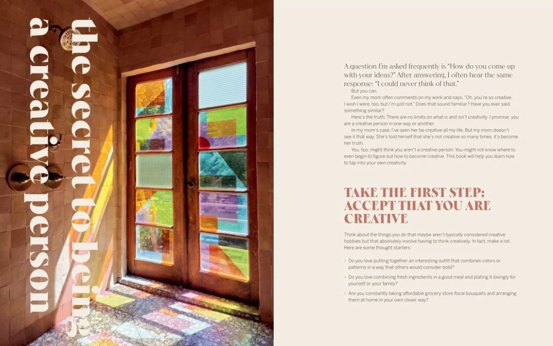 stained glass French doors next to a page of text.