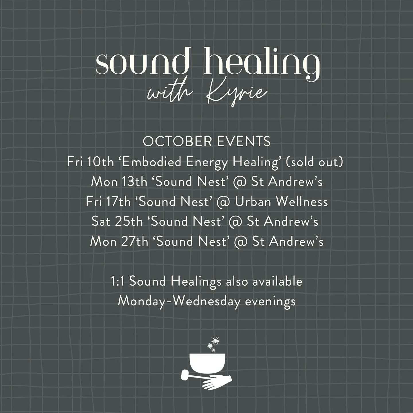 Join me for a Sound Healing experience this month to gently crack yourself open and fill yourself up with all the good nourishment of the sounds, vibrations and frequency of my sacred sound bowls. 

Leave feeling rested, peaceful, open, cleansed, bal
