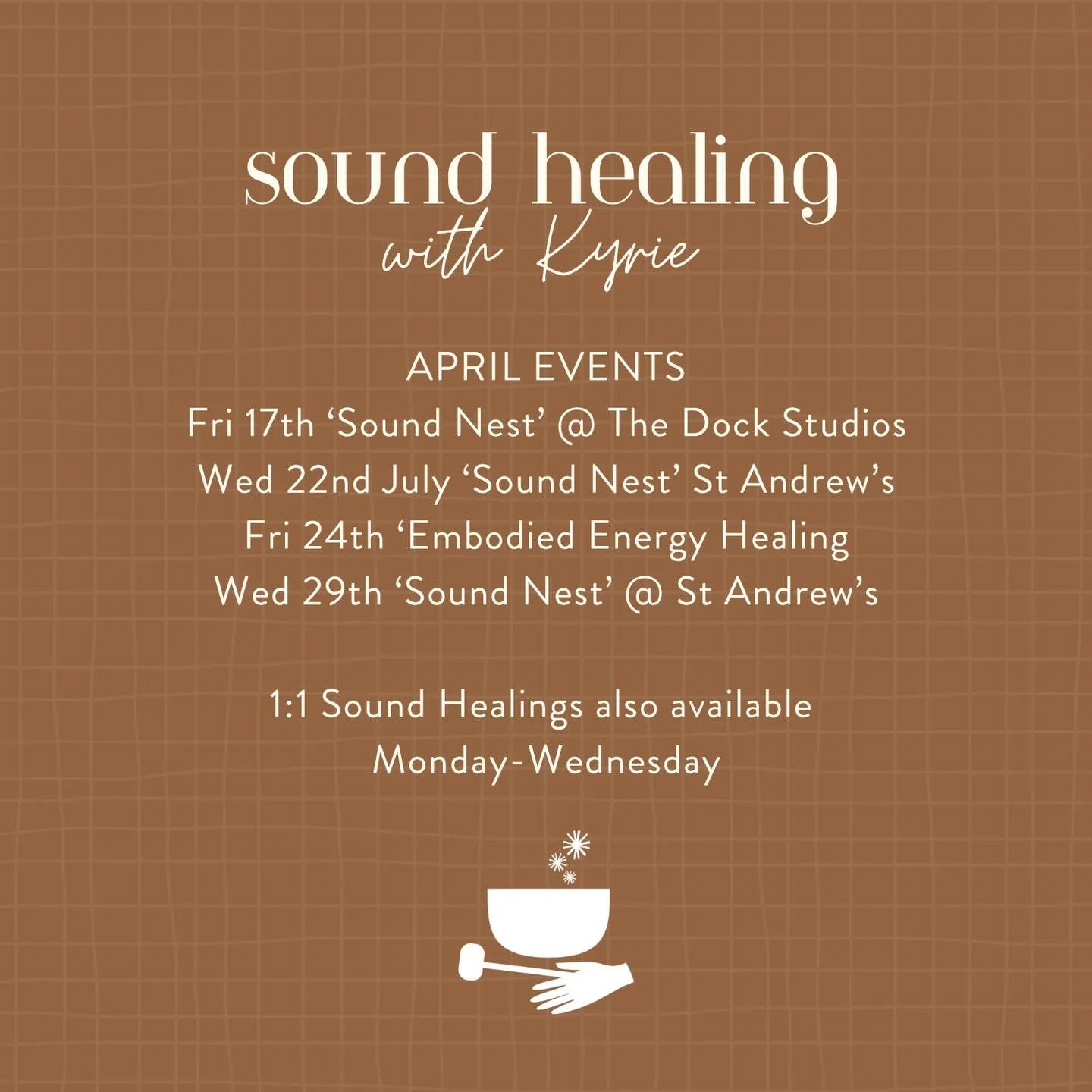 Join me for a Sound Healing experience this month to gently crack yourself open and fill yourself up with all the good nourishment of the sounds, vibrations and frequency of my sacred sound bowls. 

Leave feeling rested, peaceful, open, cleansed, bal