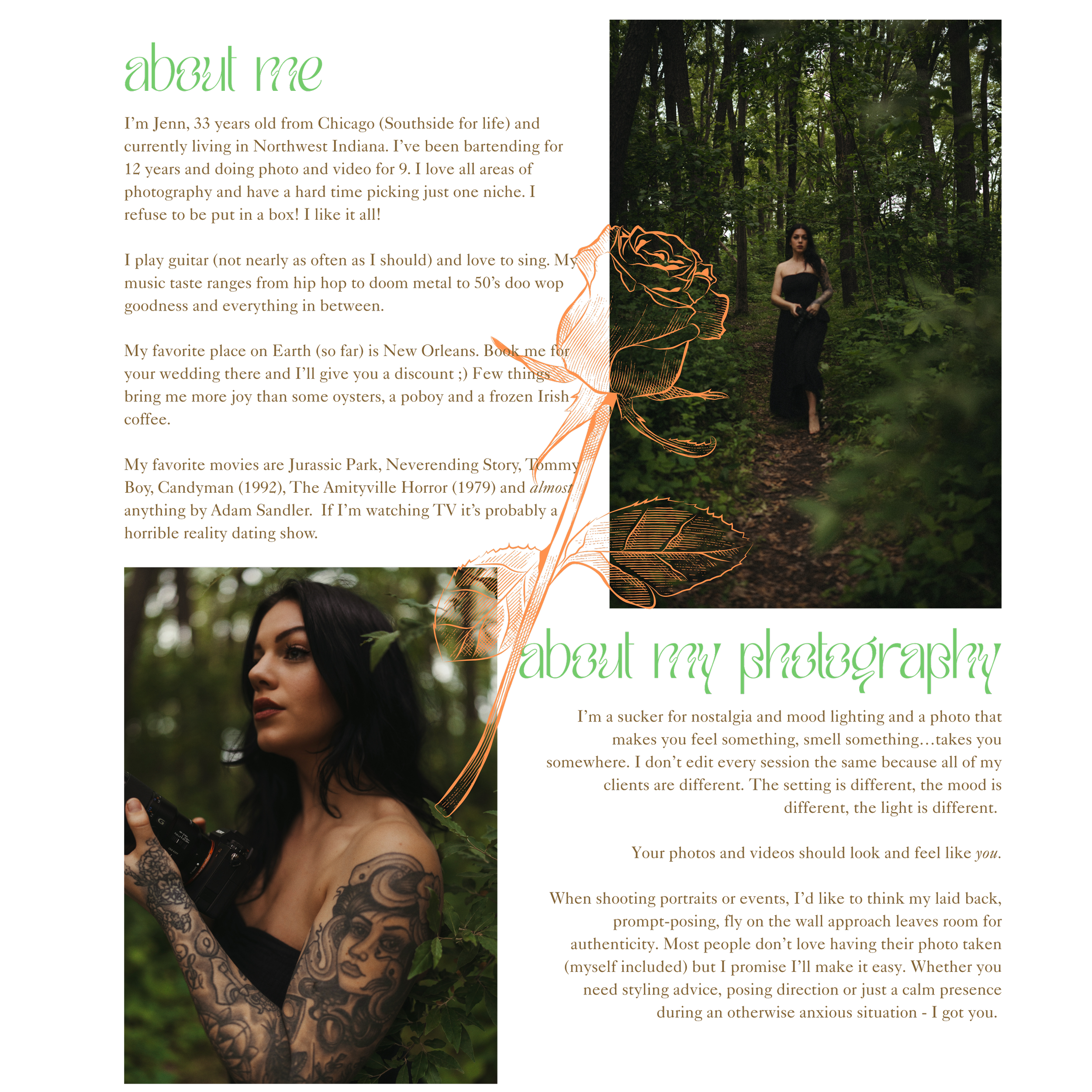 A woman with tattoos on her arms and shoulder, holding a camera, in a forest setting. She has black hair and is wearing a black strapless top.