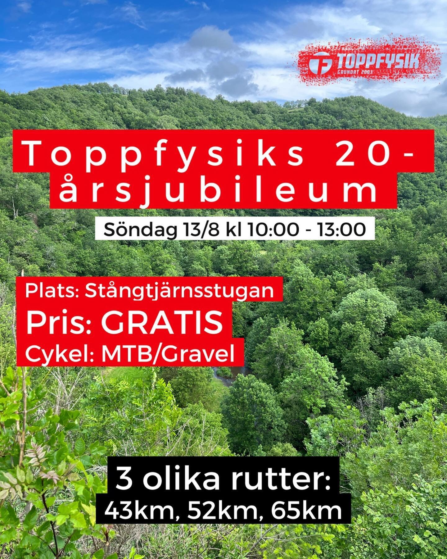 Toppfysiks 2️⃣0️⃣-&aring;rsjubileum! 

S&ouml;ndag 13/8 kl. 10-13!

P&aring; v&auml;g hem fr&aring;n Cykelvasan? Passa p&aring; att trampa ur benen tillsammans med oss!👏🏼

V&auml;lj mellan 43km, 52km eller 65km av n&aring;gra av Faluns finaste grus