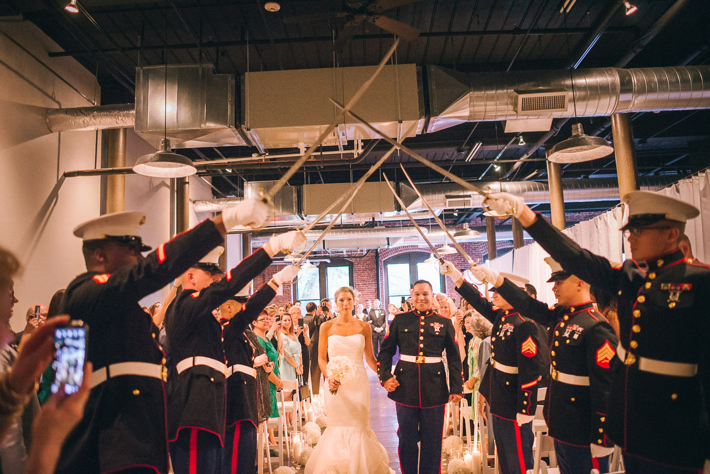 NH Wedding Photographer: bride and groom recessional with marines