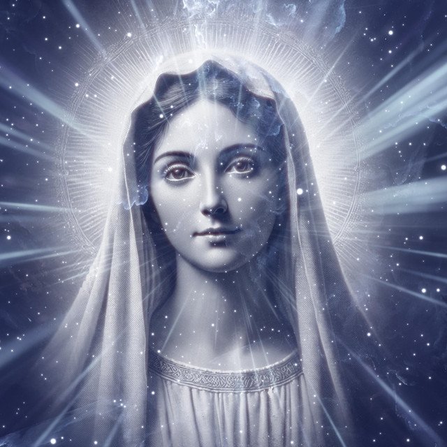 An illustration of Mother Mary with a background of space