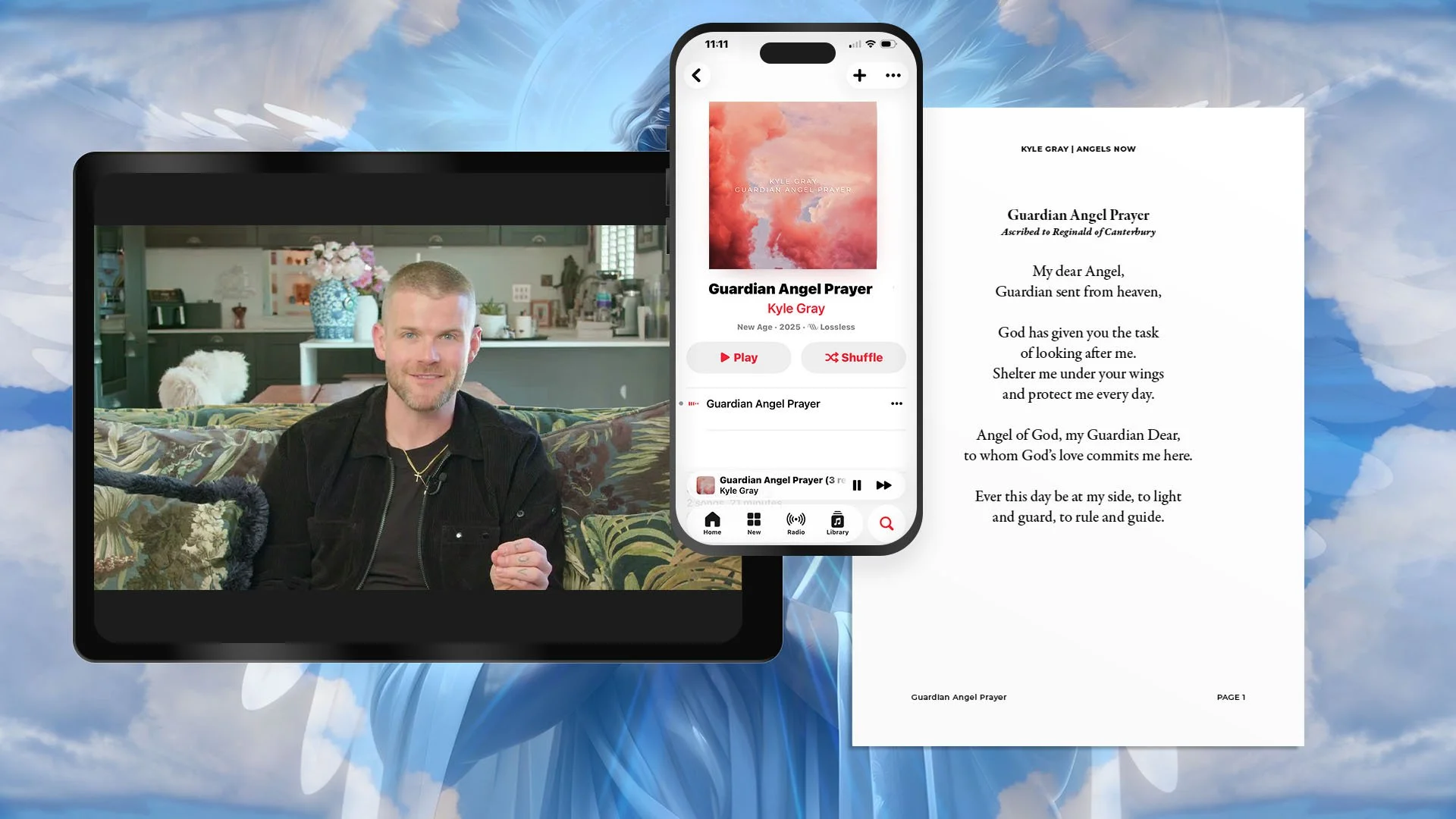 A tablet showing a video with Kyle on it, a phone showing an MP3 being played and a printed copy of an angel prayer