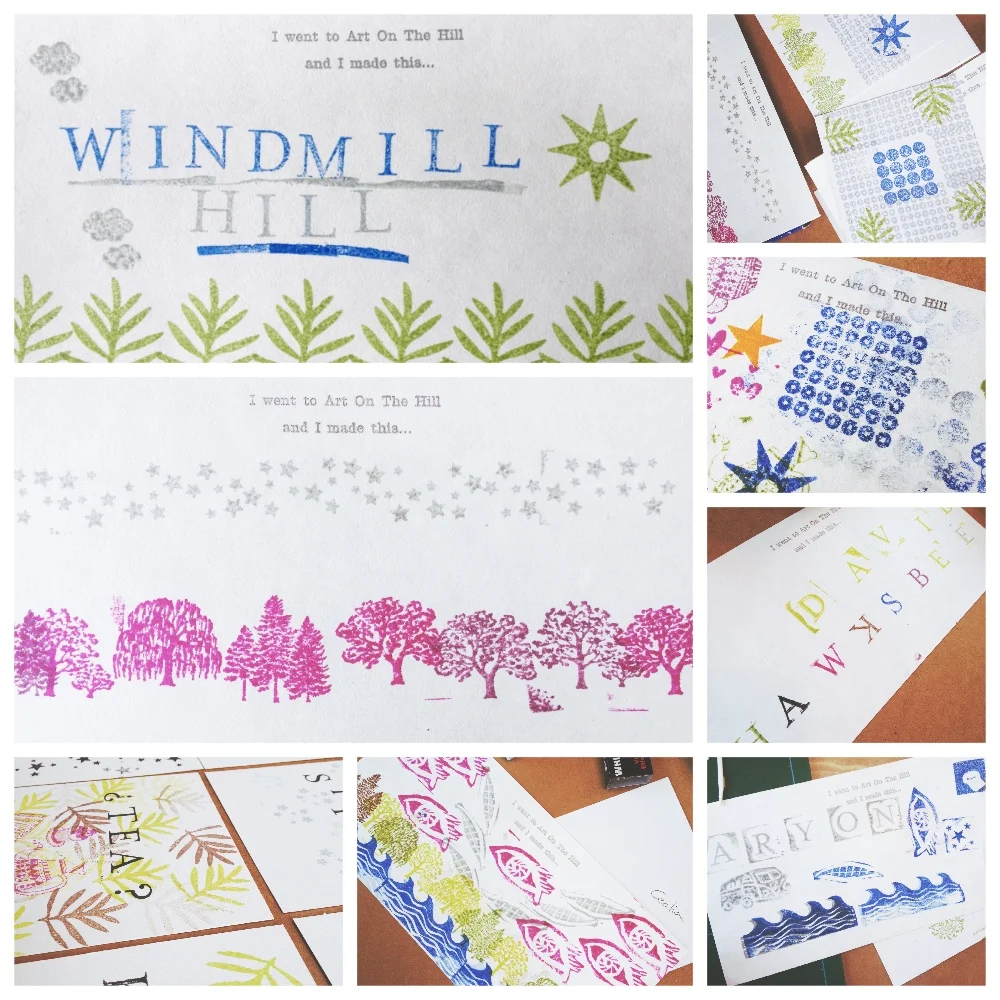 Rubberstamp printing is for everyone. From 3 years old to to 103 years old! You can print with pre-made stamps or carve your own individual stamp. 
