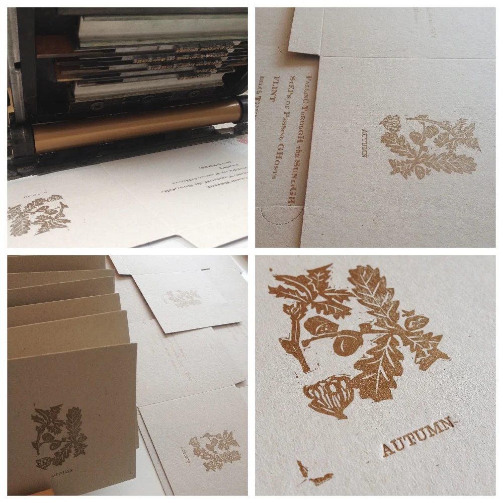 Printing Engravers Type in Gold Linseed oil based ink. Linocut from an original botanical illustration by W.H. Fitch (1817 – 1892) Typesetting Autumn in 10pt New Clarendon