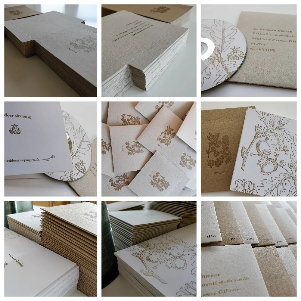 Autumn EP by Red Deer Sleeping . Edition of 100. Letterpress and Linocut printed on 100% recycled card.