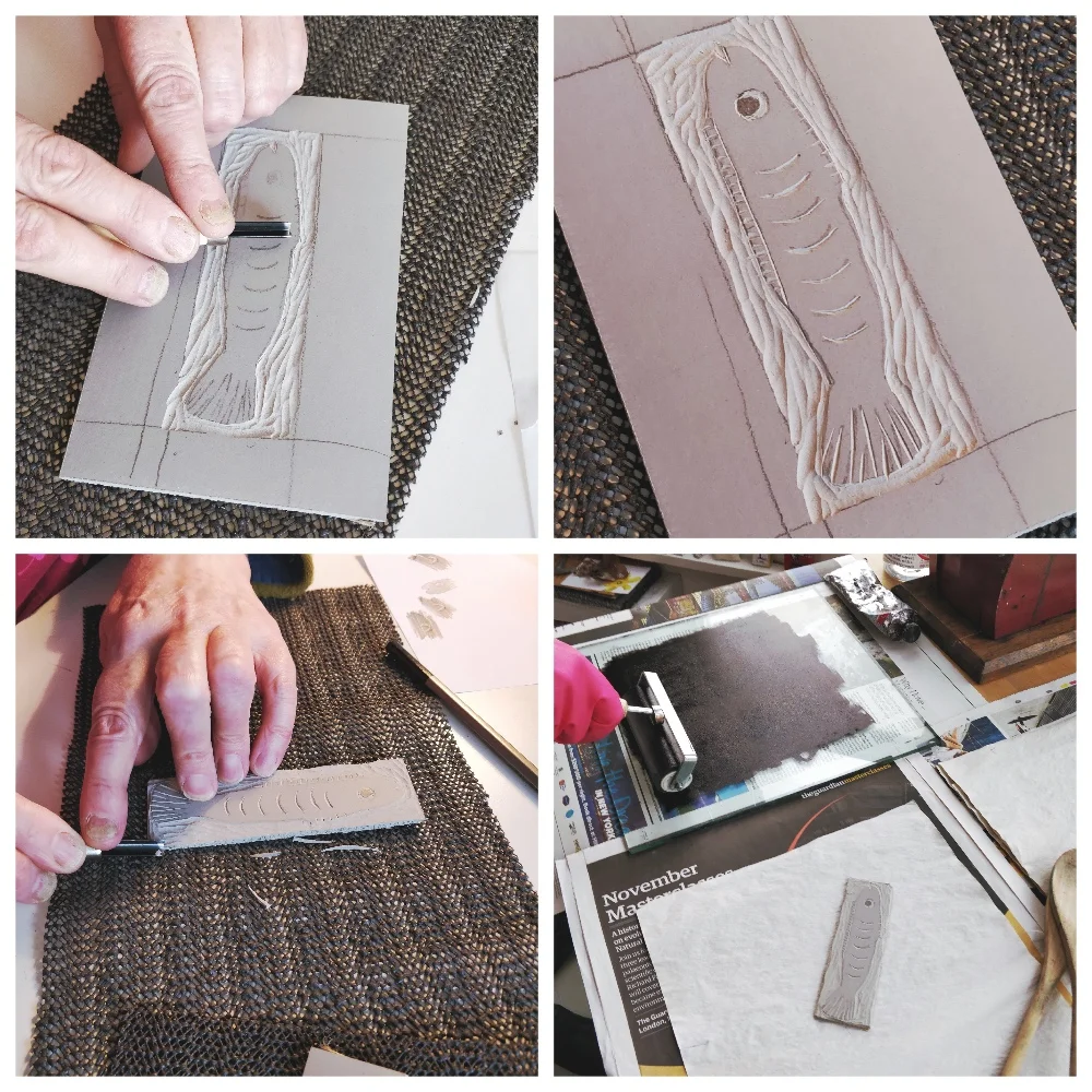 After testing out mark making on different lino Vic prefers carving her fish on this battleship grey linoleum. The 'easy to carve’ Softcut is not as forgiving and although it’s soft and smooth like cutting through butter there's more potential for the tool to slip. Vic becomes comfortable with holding the tools and takes her time carving the lino until a fish appears in relief. 