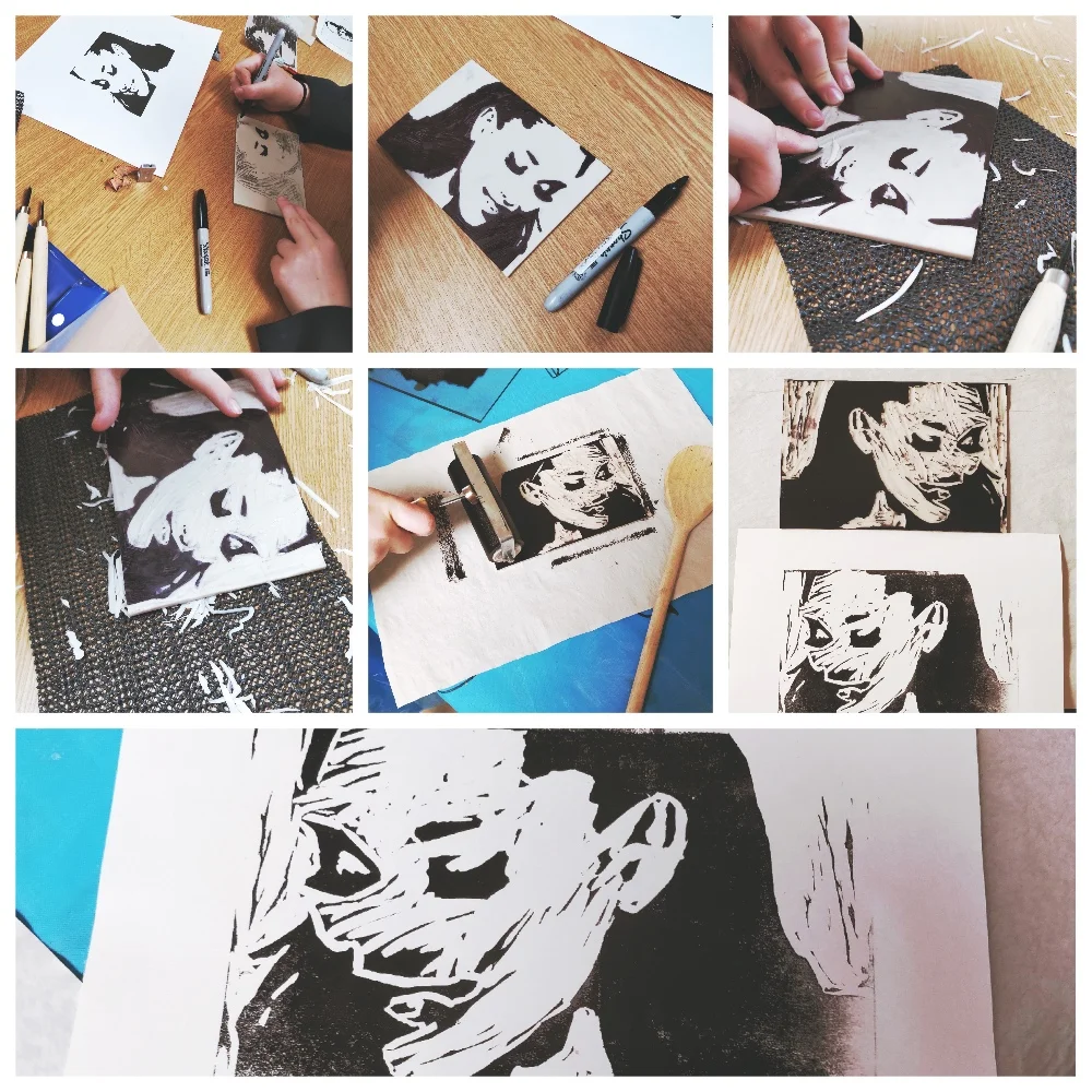 A very focused and reflective individual enjoys the independence of carving and printing Camila Cabeo by herself. 