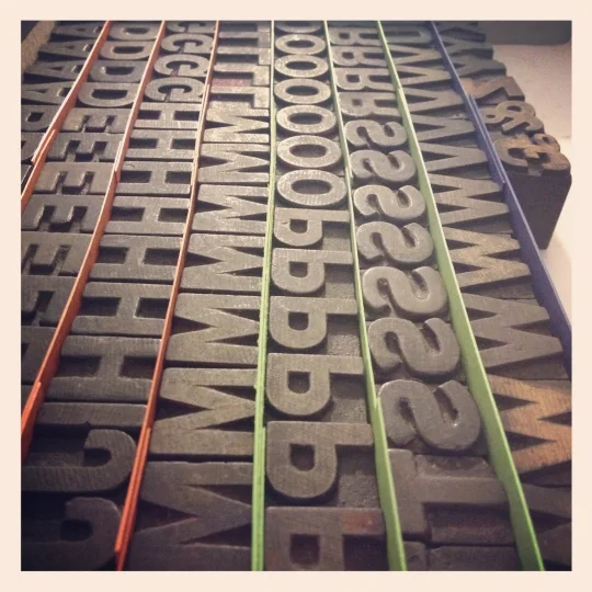 Change of season calls for a change of type. Very excited about my new wooden uppercase alphabet. ( Size: 1/3 inch.) Loads of Ms and Ps and Ws and Es and As. Some are a little bit battered and there is only one i. Can't wait to print!