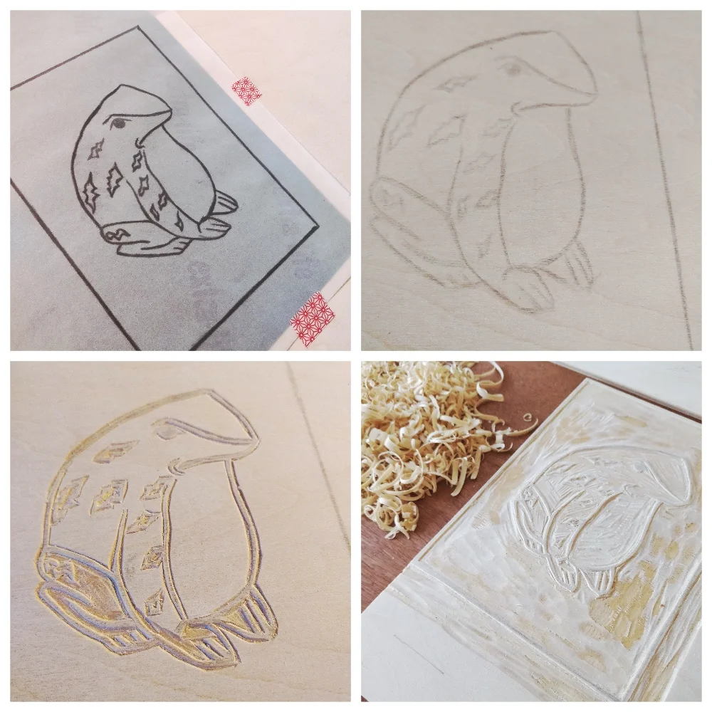 Frog design simplified from netsuke frog sketch at Bristol Museum archives. Image for key block transferred and carved into Japanese plywood.