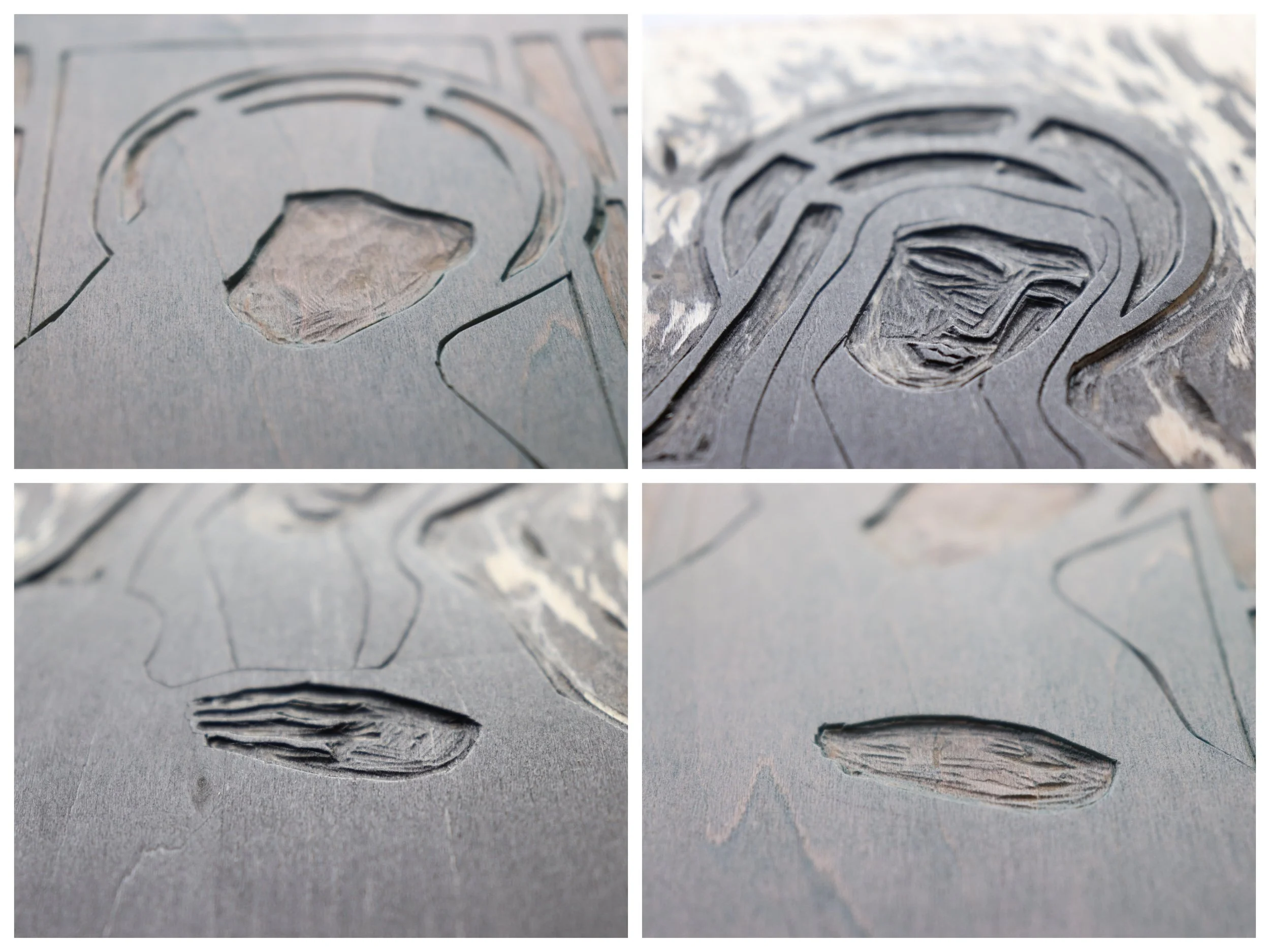 Details of carved woodblock for a collection of woodblock prints ‘In Praise of Saints’. Exhibiting at Centre Space Gallery from May 12th 2019.