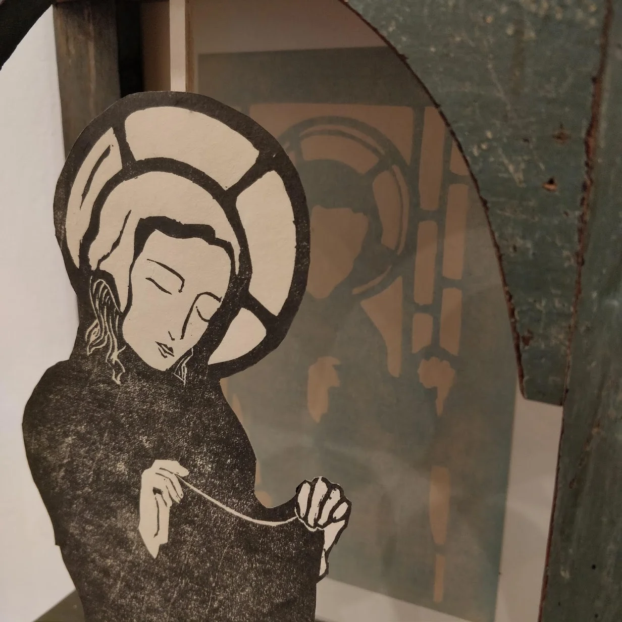 Close up of my recent project ‘In Praise of Saints’ woodblock prints and shrine. The piece will also be an invitation for you to make your own small offerings.