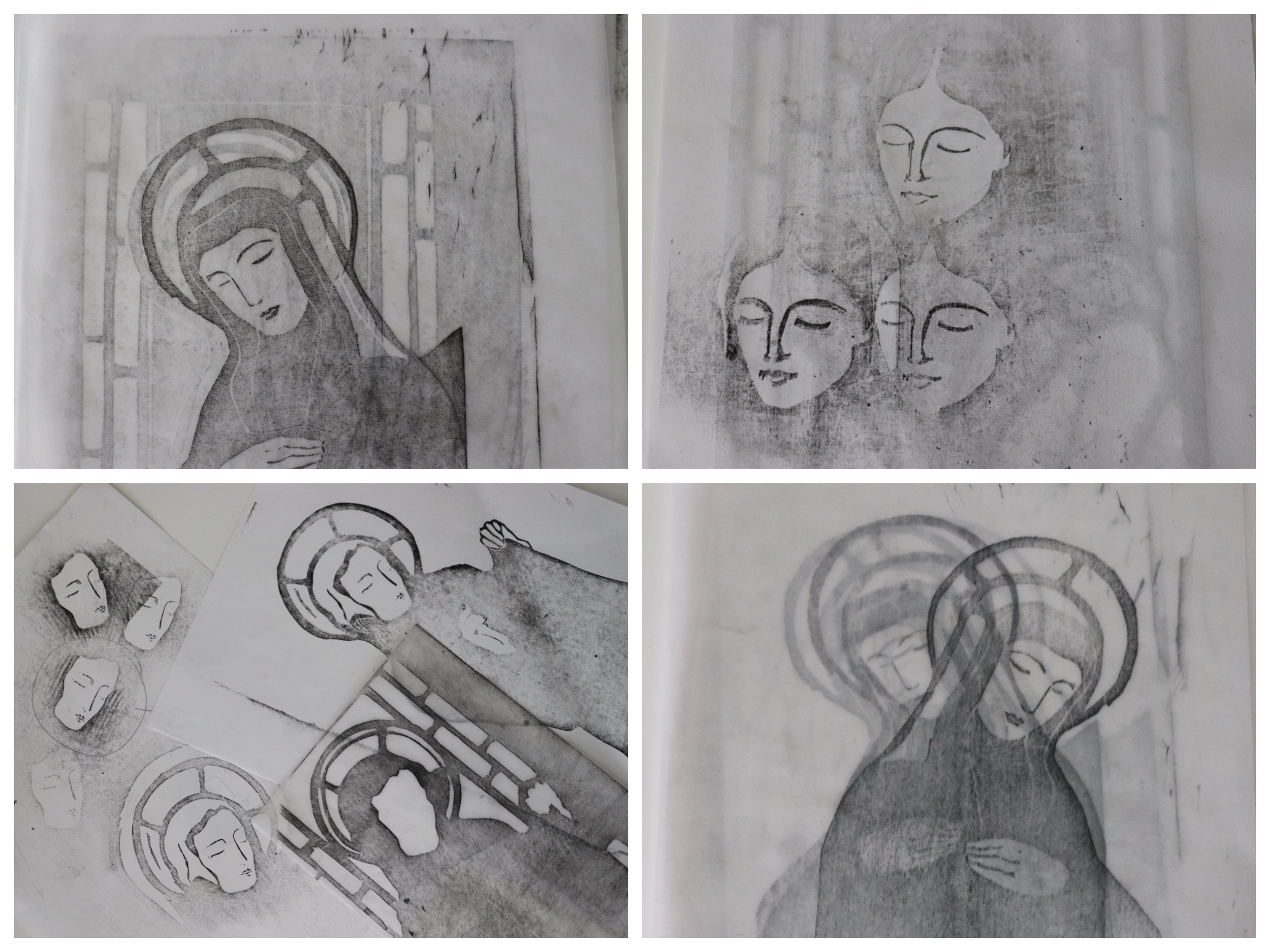 I love the different processes involved in making a print. Here are some pics of rubbings I made with carbon paper to check the images after carving the keyblocks for In ‘Praise of Saints.’ Top Left: Saint Catherine of Siena. Top Right: Florence Nightingale. Bottom Left: St Veronica. Bottom Right: Saint Catherine of Siena.
