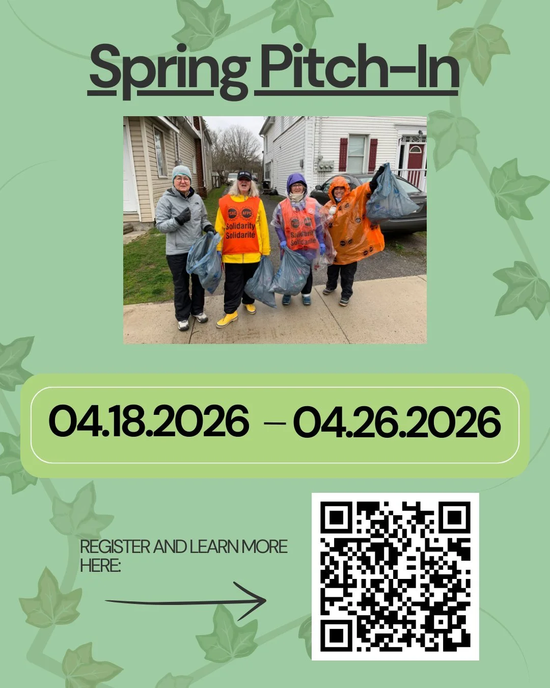 🌱 Spring Pitch-In is back! Join us April 18&ndash;26 as we team up to clean up Kingston for Earth Week. Grab a bag, pick a spot, and make a difference in your community! 💚
Register using the link in our bio.