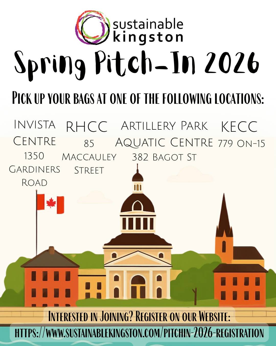 It&rsquo;s Almost Time! 

Grab your Spring Pitch-In Bags at one of the following four locations! 
📍 INVISTA Centre
📍 Rideau Heights Community Centre (RHCC)
📍Artillery Park Aquatic Centre 
📍 Kingston East Community Centre (KECC)

April 18&ndash;26