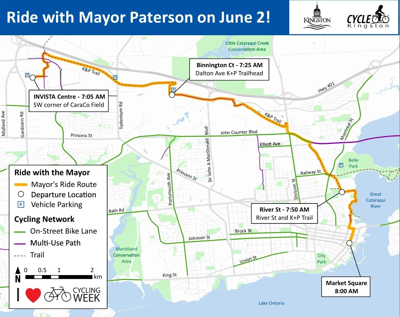 🚲 Start your morning with a ride through Kingston!

As part of Cycling Week Kingston, join Mayor Bryan Paterson for a community ride to City Hall on June 2 along the K&amp;P Trail.

The ride begins at the INVISTA Centre beside CaraCo Field at 7:05 a
