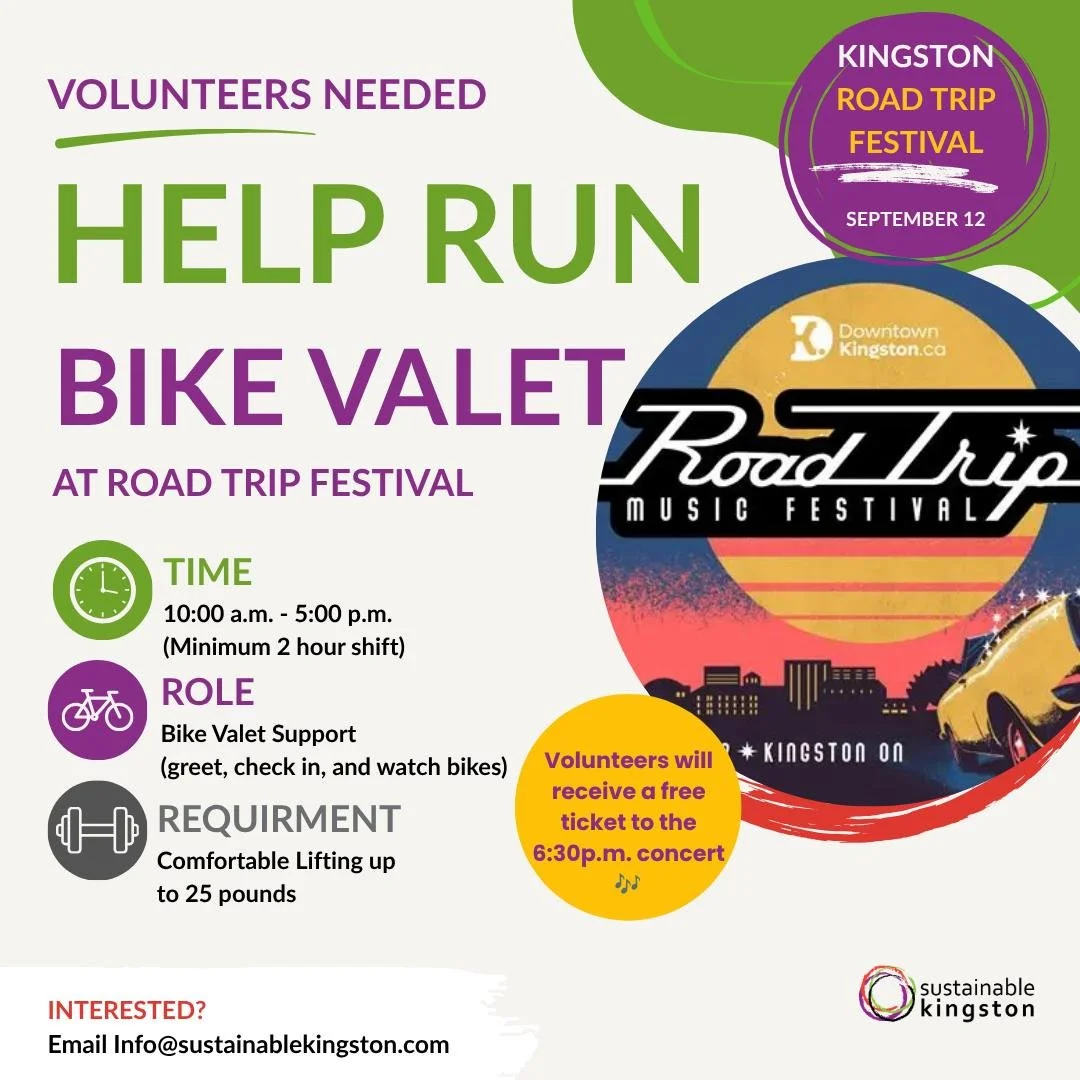 🚲 Help us run the bike valet at Kingston Road Trip Festival!

Sustainable Kingston is looking for volunteers to help run our bike valet on September 12 from 10:00 a.m. to 5:00 p.m.

Volunteers will help greet cyclists, check in bikes, and keep an ey