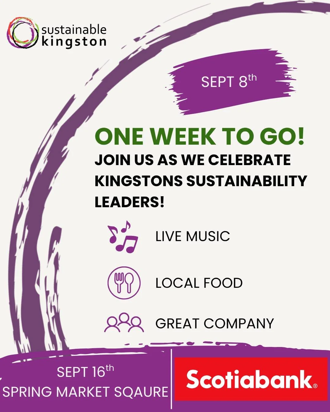 🎉 Just ONE WEEK to go!

Join us on September 16 at Springer Market Square as we celebrate the people, groups, and organizations helping make Kingston a more sustainable community.

Come enjoy live music, local food, great company, and a chance to ce