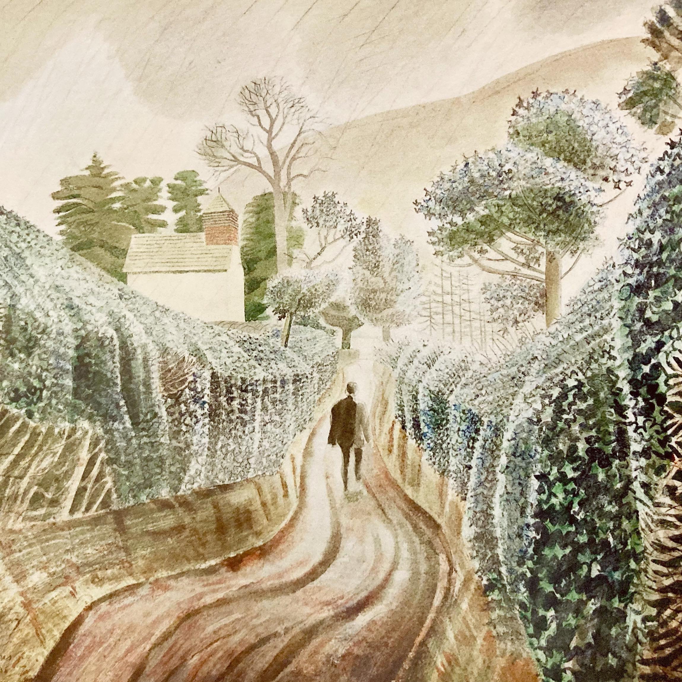 &ldquo;Between thick hedges a solitary figure walks down a lane towards a simple church surrounded by trees. A steep hill rises ahead. Rain is falling, making the surface of the lane gleam dully, but there is nevertheless a radiance in the sky, and c