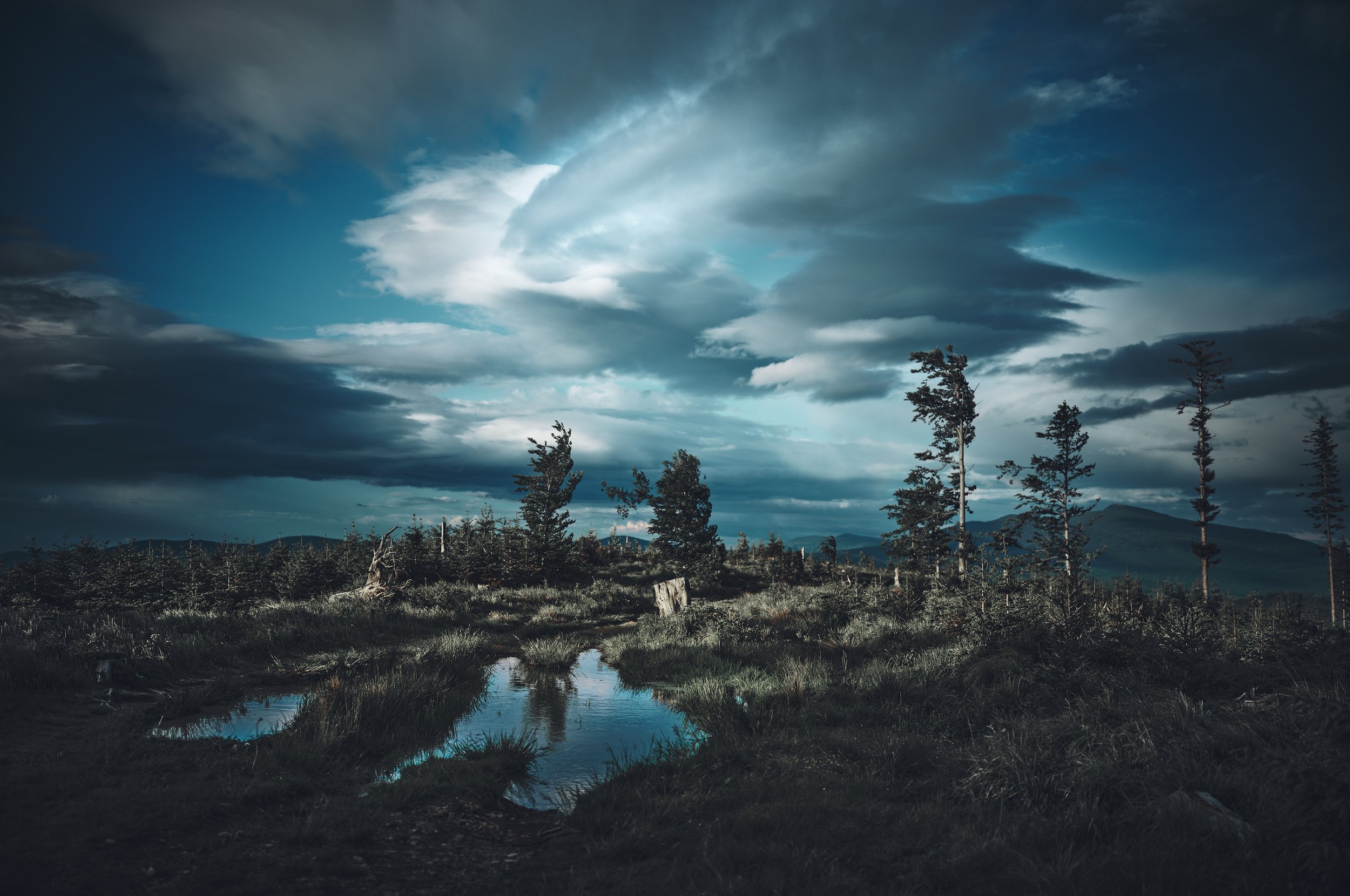   [ down from "Pilsko Summit", with a distant view on "Babia Gora", along a rarely trekked black trail to Sopotnia Wielka village. While stepping down on some spacious meadows You can, and should visit an atmospheric tent base     Hala Gorowa     ]  