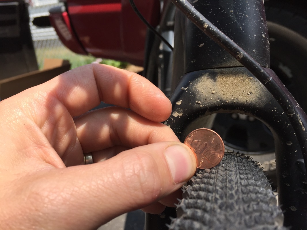 This penny is for scale, but it does show the mud clearance of the fork.