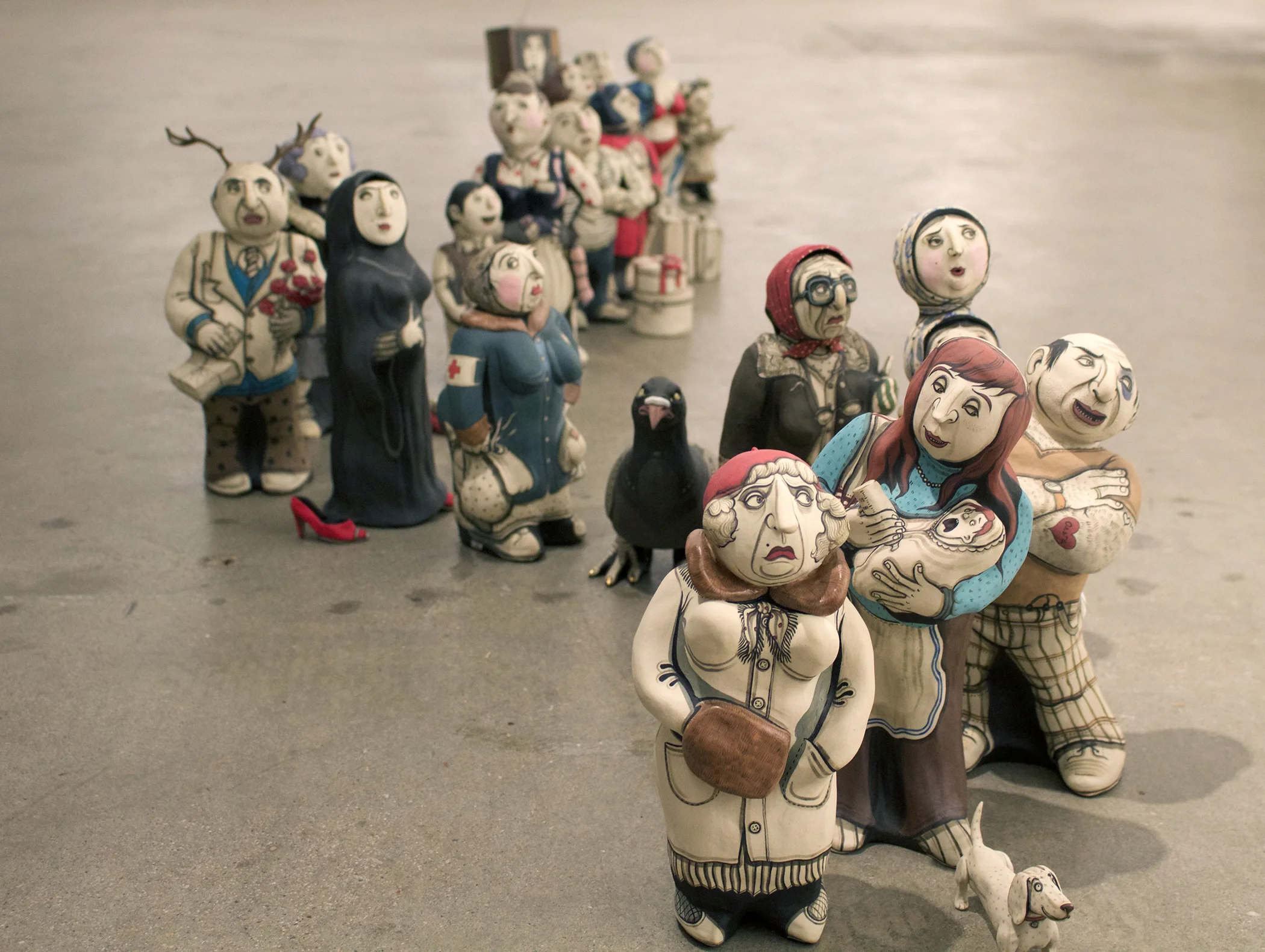 The Queue. Stoneware and underglaze, cone 6, variable dimensions, 2016