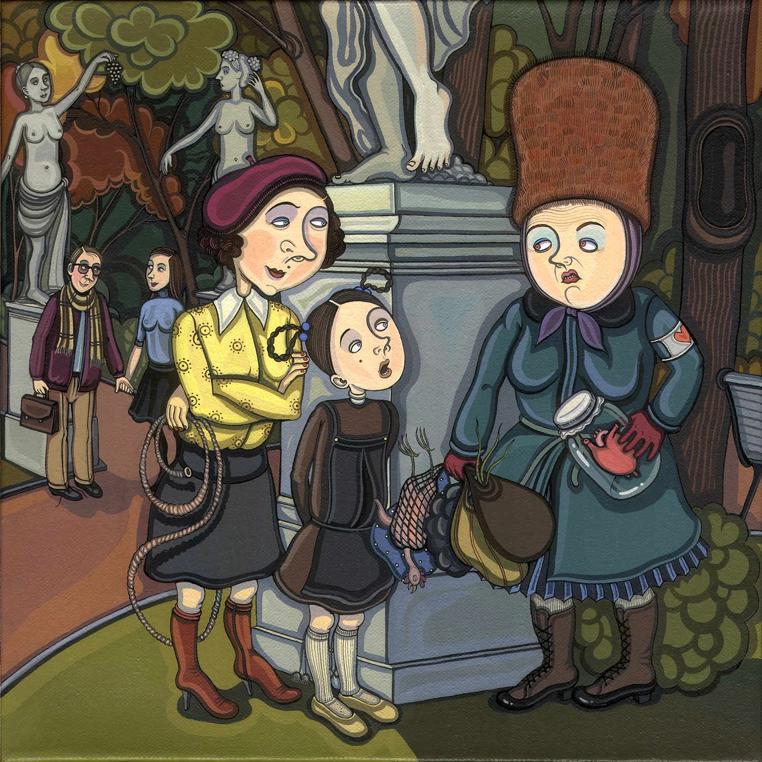 Park Encounter: Scene 2. Acrylic and India ink on canvas, 12” x 12”, 2010