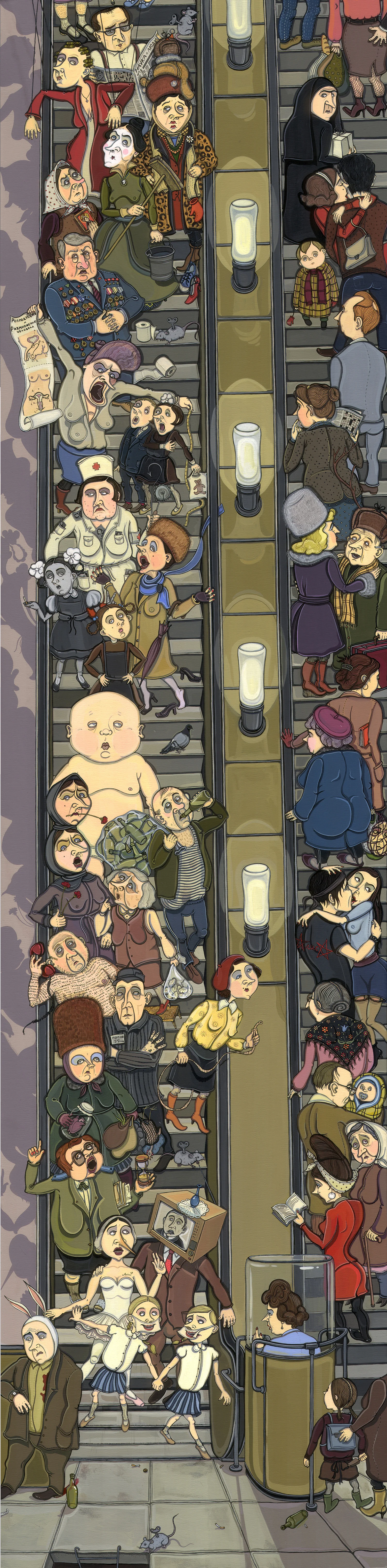 Moving Down the Moving Stairs. Acrylic and India ink on canvas, 15’’ x 60'’ x 2’’, 2009