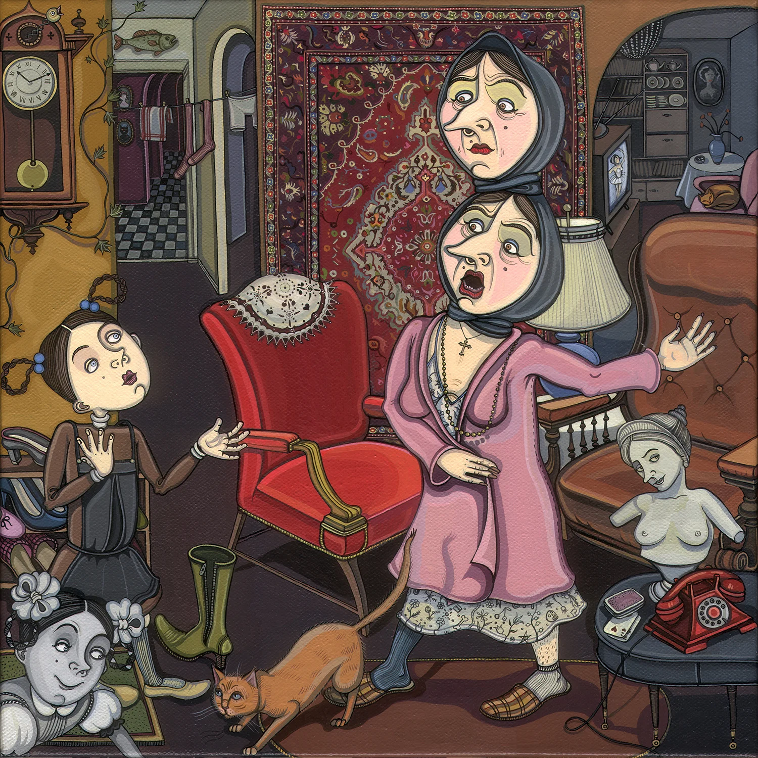 The Sisters. Acrylic and India ink on canvas, 12’’ x 12'’ x 3 ’’, 2009