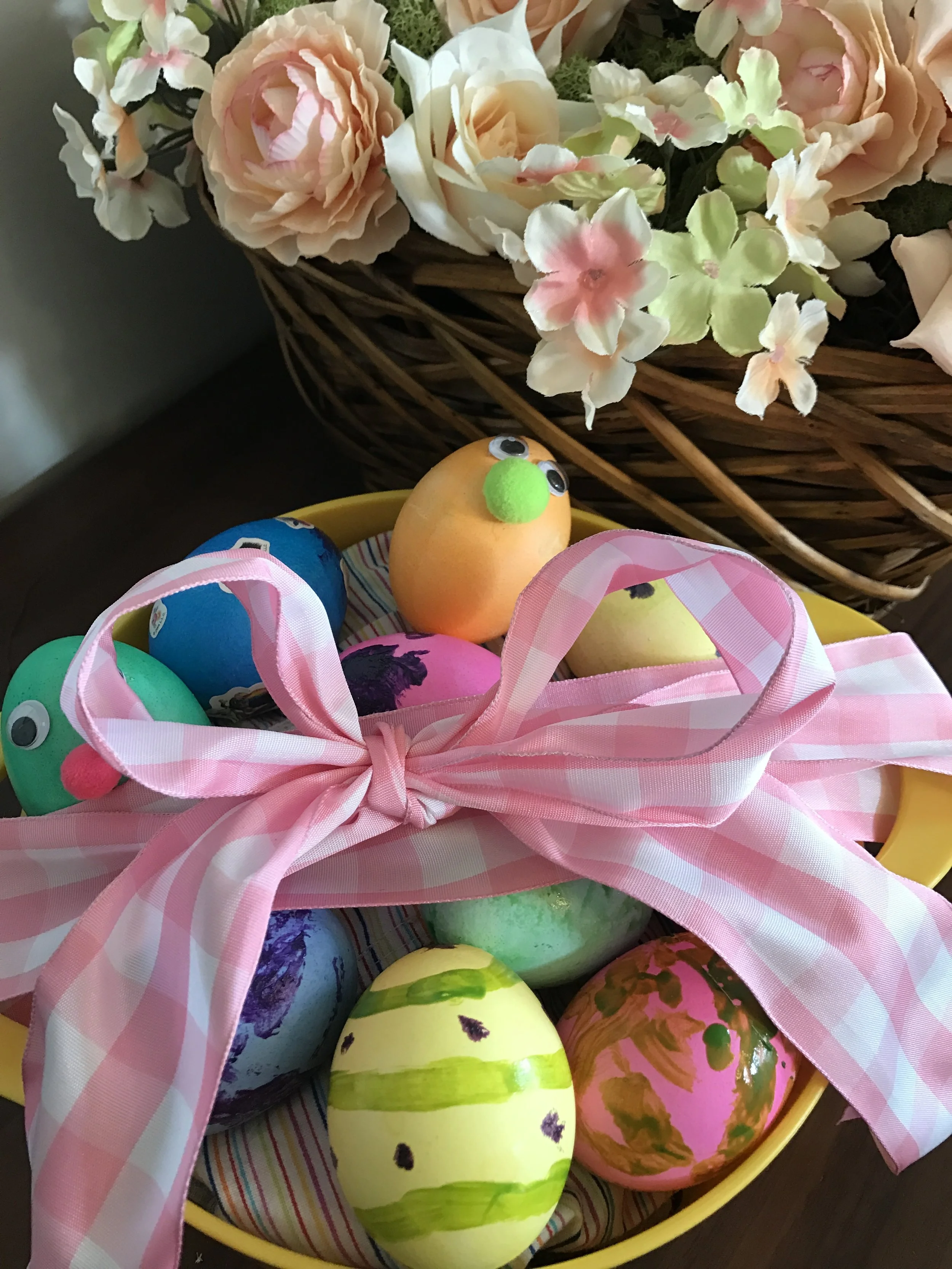 Easter Eggs! I absolutely loved making these with the kids. We cheated and used children's non-toxic nail polish to decorate as well as glitter, glue, sticker gems, and regular stickers. It's just what we had on hand.