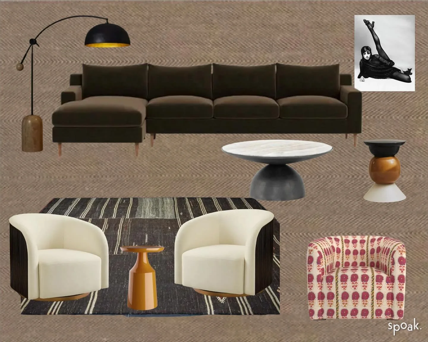 Threw in a little Liza for our broadway loving client ❤️Warm textures. Curved silhouettes. Subtle drama.
This living room concept balances rich, grounding tones with sculptural forms &mdash; a modern mix of materials that feels both sophisticated and