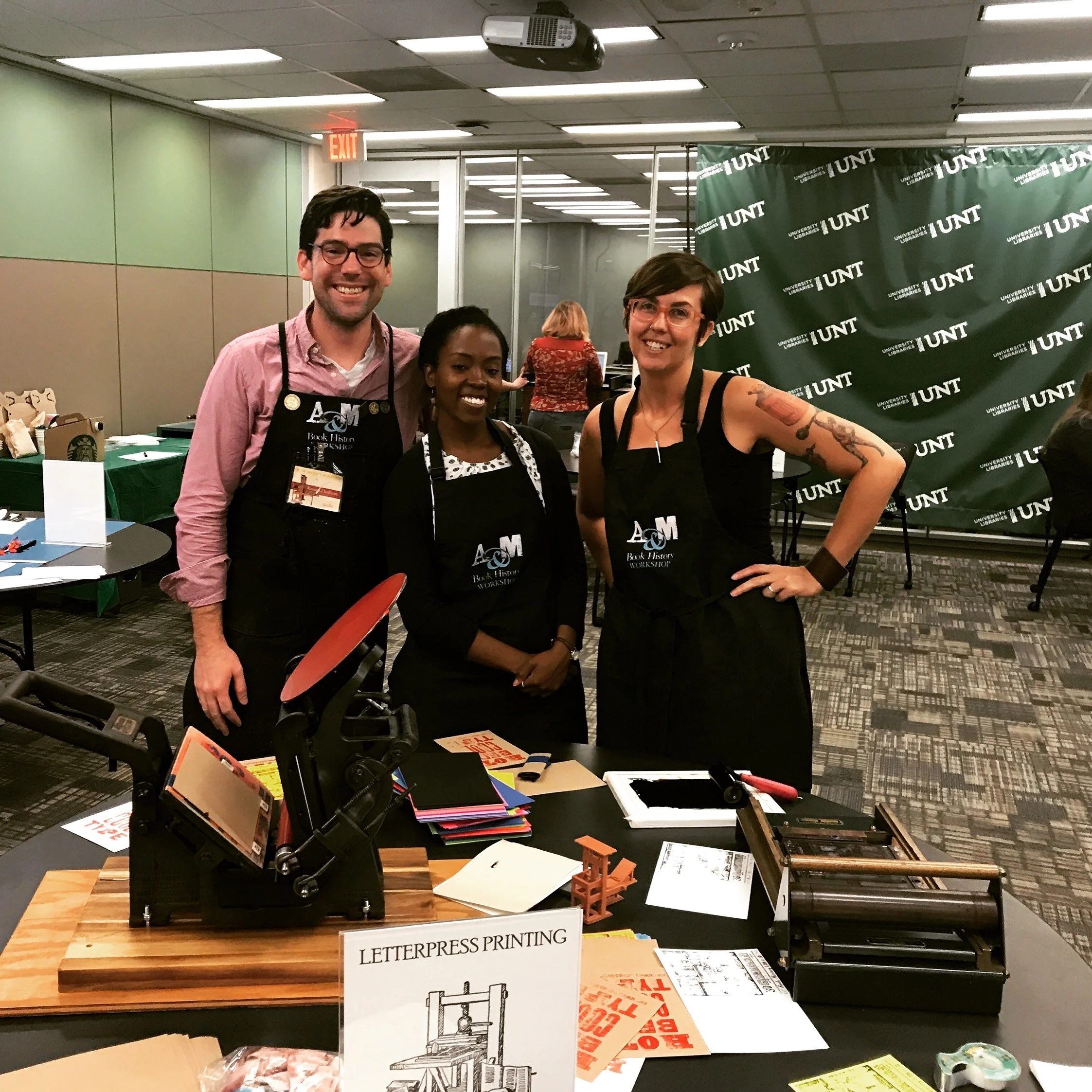 (From left to right) Kevin O'Sullivan, Marcia McIntosh, and Courtney Jacobs (or the 3Dhotbed crew), hosted a hands-on book history workshop for Digital Frontiers 2017.
