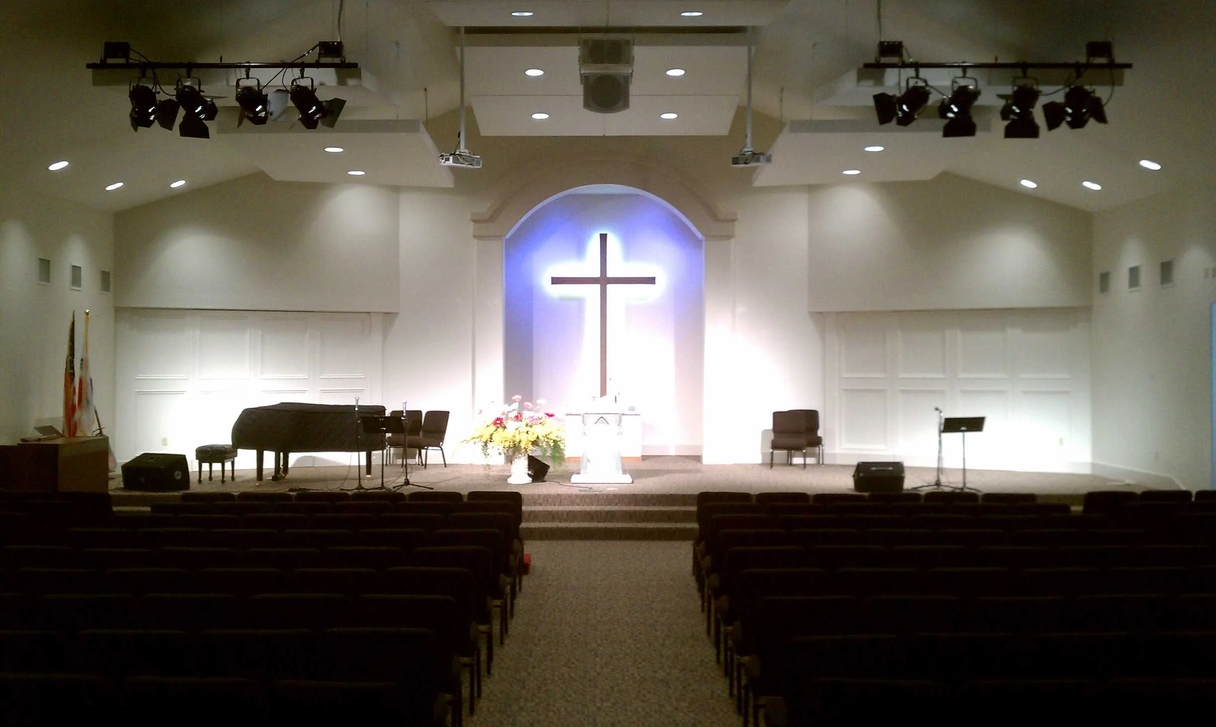 Professional church lighting system installation with stage lighting and lighting control fixtures