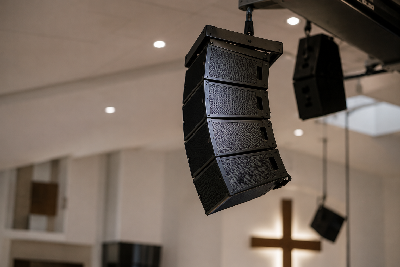 Line array speaker system installed in a church sanctuary for clear and reliable sound coverage