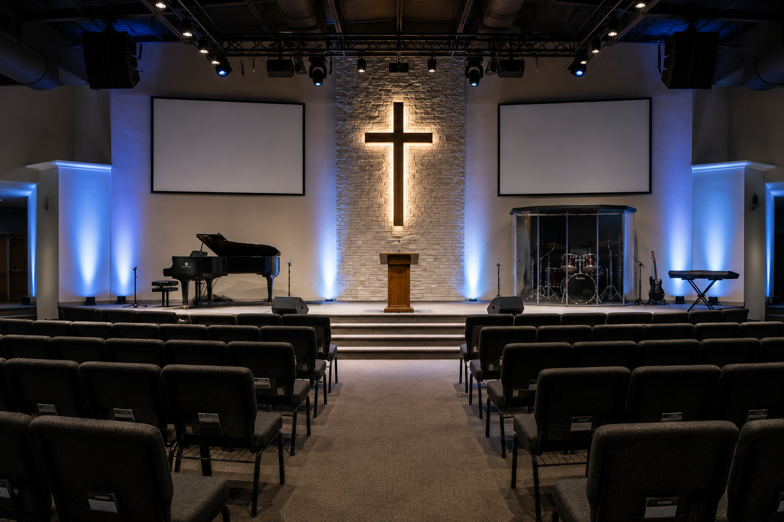Modern church sanctuary featuring professionally installed audio, video, and lighting systems