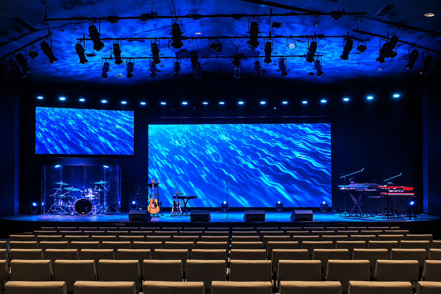 Large LED video wall and projection system installed at New Life Worship Center near Dayton, Ohio