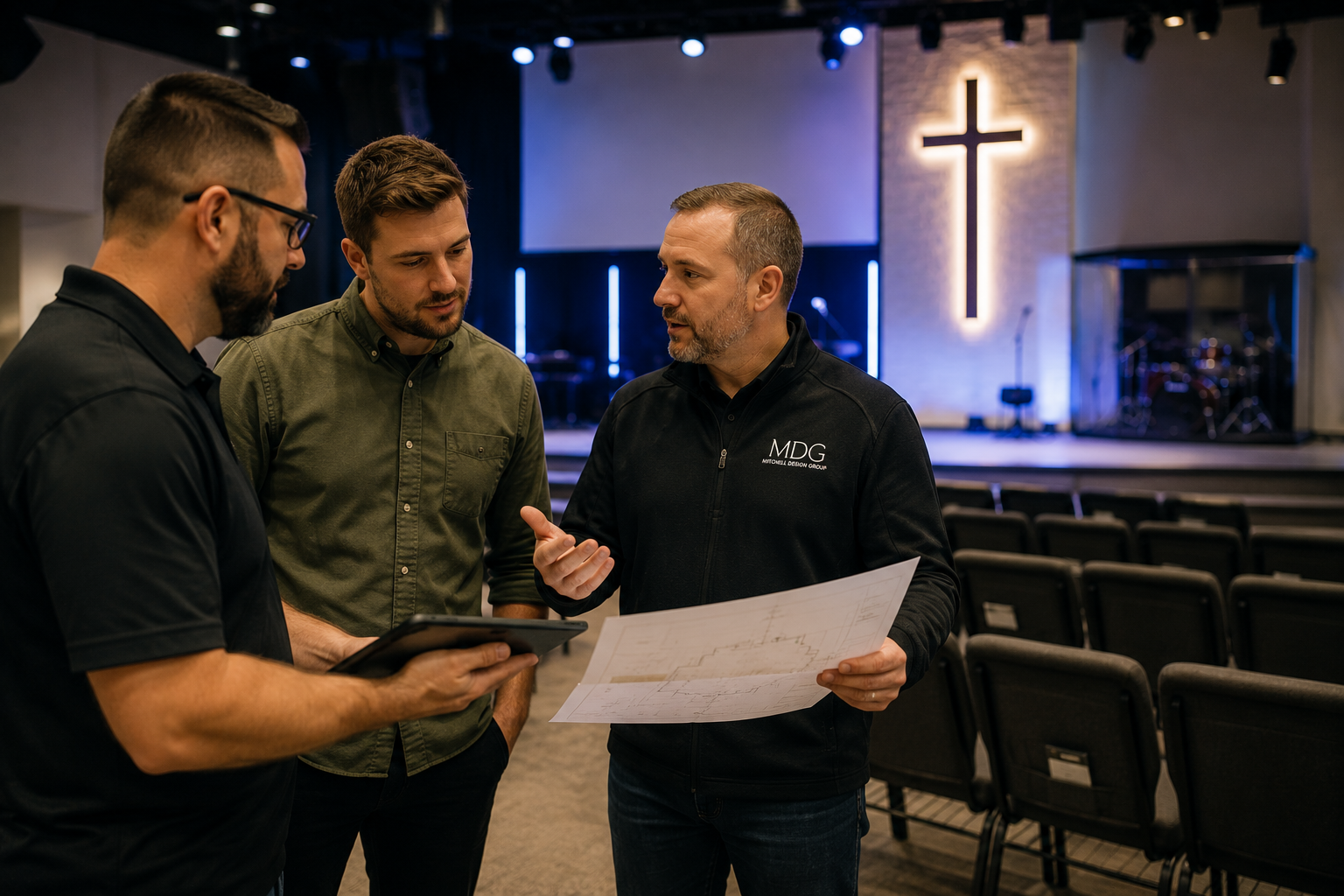 Mitchell Design Group team discussing a church audio, video, and lighting installation project in Indiana
