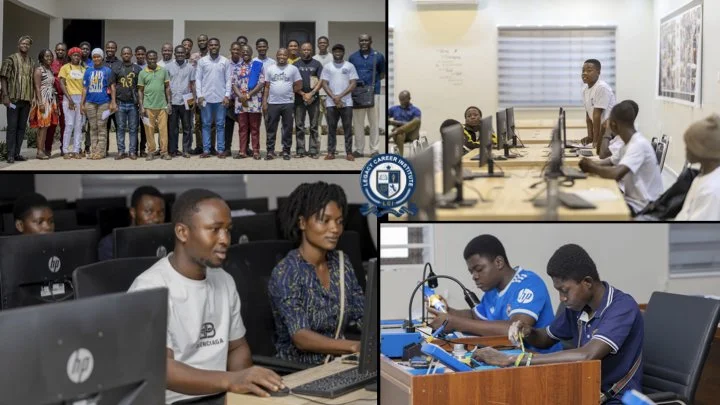 Collage of four images showing a group of people gathered outside a building, a classroom with students and a teacher, and students working with electronic components at desks.
