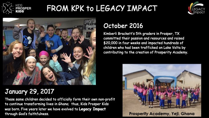 Group of children and educators celebrating at Kids Prosper Kids event, with a photo of Prosperity Academy in Ghana, October 2016, and another group picture from January 29, 2017.