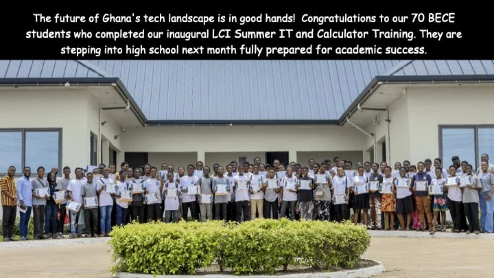 Group of students standing in front of a building, holding certificates, celebrating their completion of LCI Summer IT and Calculator Training in Ghana.