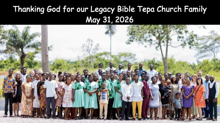 Group photo of church family members outdoors with trees and palm trees in the background, celebrating a church event on May 31, 2026.