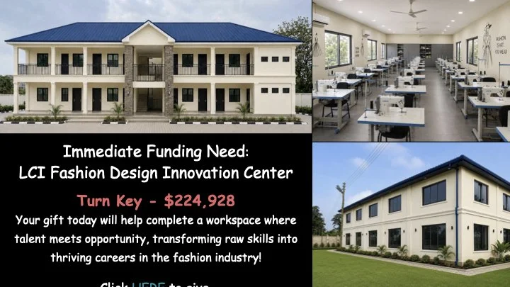 Collage of three images: a large white two-story building with a blue roof, a classroom with sewing machines and large windows, and a smaller white two-story building with a yard; with a black banner overlay with text about funding for the LCI Fashion Design Innovation Center.