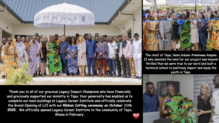 Group photo of people at a ribbon-cutting ceremony outside a building with a large umbrella overhead. The photo includes men and women dressed in colorful traditional and formal attire. Small inset images show a woman in traditional dress speaking and a woman giving a speech, with captions about the project and community celebration in Tepa, Ghana.