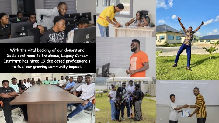 A collage of photos showing various people engaged in activities like computer work, learning, and community events. One person is jumping in a grassy yard, another group is seated at a conference table, and others are involved in conversations and outdoor filming. Text overlay mentions the Legacy Career Institute hiring 19 professionals to support community growth.