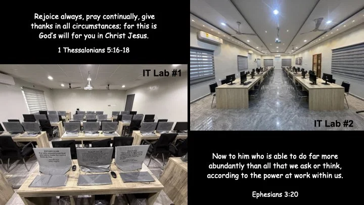 Photos of two modern IT training labs with desks and computers, along with religious scripture quotes about prayer and gratitude.
