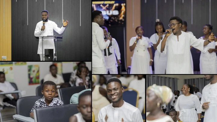 A collage of five photos from a church or religious event. The top left shows a man speaking at a podium. The top right features a woman singing or speaking into a microphone with a group of women behind her. The bottom left has children seated in a congregation. The bottom middle is a smiling man giving a thumbs-up. The bottom right shows a woman smiling and walking among seated people.